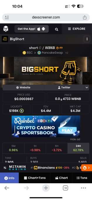 Screenshot of DexScreener showing the 'BigShort' token page on PancakeSwap (BSC) with a price of $0.0003667 and a 24H change of 62.78%.