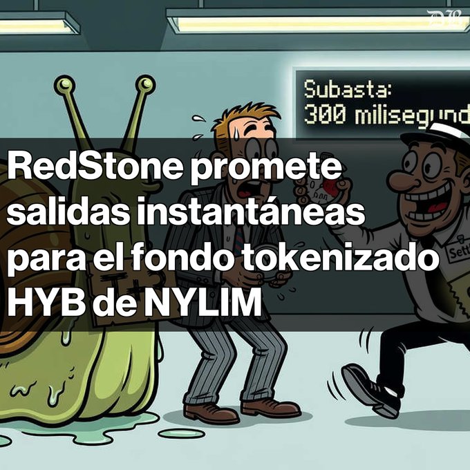 A cartoon image of a sweating man handing over money at a 300-millisecond auction, with Spanish text overlay reading 'RedStone promete salidas instantáneas para el fondo tokenizado HYB de NYLIM'.