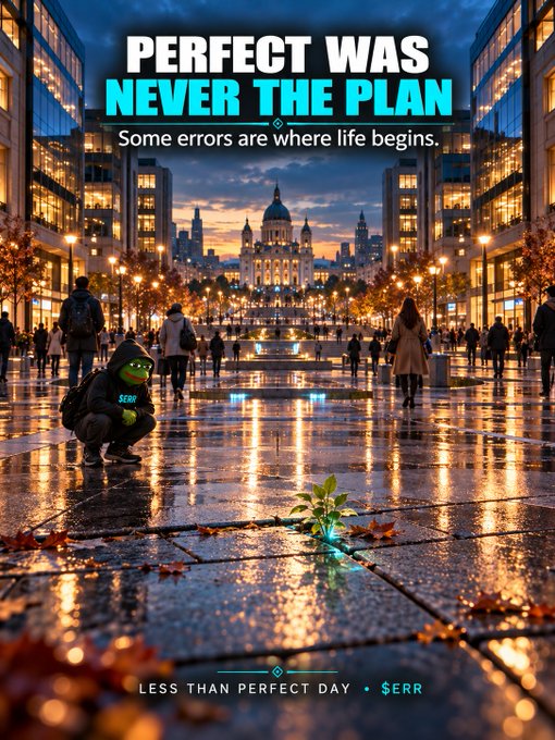 A motivational poster shows a frog character wearing a 'SERR' hoodie crouching in a wet city plaza, with text reading 'PERFECT WAS NEVER THE PLAN. Some errors are where life begins. LESS THAN PERFECT DAY • SERR.'