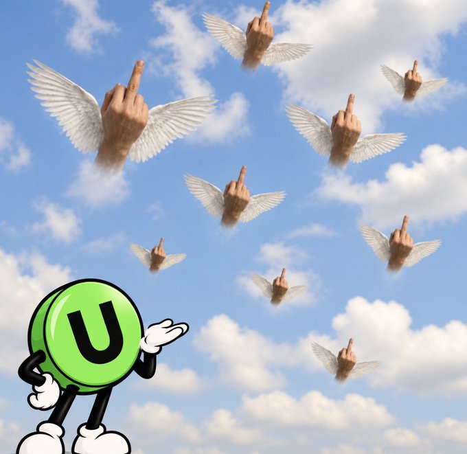 A surreal meme image showing a green Unison (U) coin character with white-gloved hands, looking at several flying hands with white angel wings ascending into clouds against a blue sky.