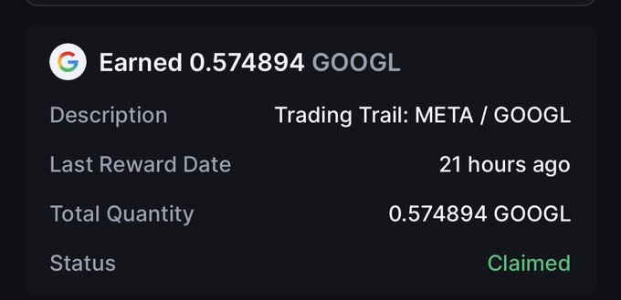 A mobile interface showing a reward notification: 'Earned 0.574894 GOOGL' from a Trading Trail: META / GOOGL, status marked as 'Claimed' from 21 hours ago.