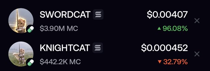 A cryptocurrency tracking screen displaying SWORDCAT at $0.00407 with a 96.08% gain ($3.90M MC) and KNIGHTCAT at $0.000452 with a 32.79% decline ($442.2K MC).