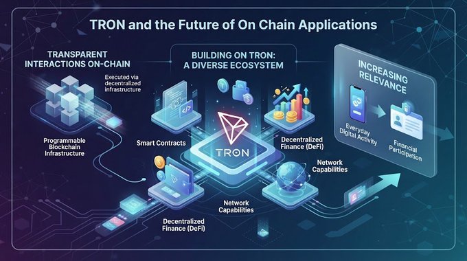 An infographic titled "TRON and the Future of On Chain Applications" illustrating transparent interactions, building on TRON's ecosystem, and increasing relevance in everyday digital activity.