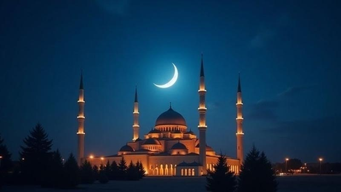 A mosque illuminated at night with four minarets under a crescent moon in the dark blue sky.