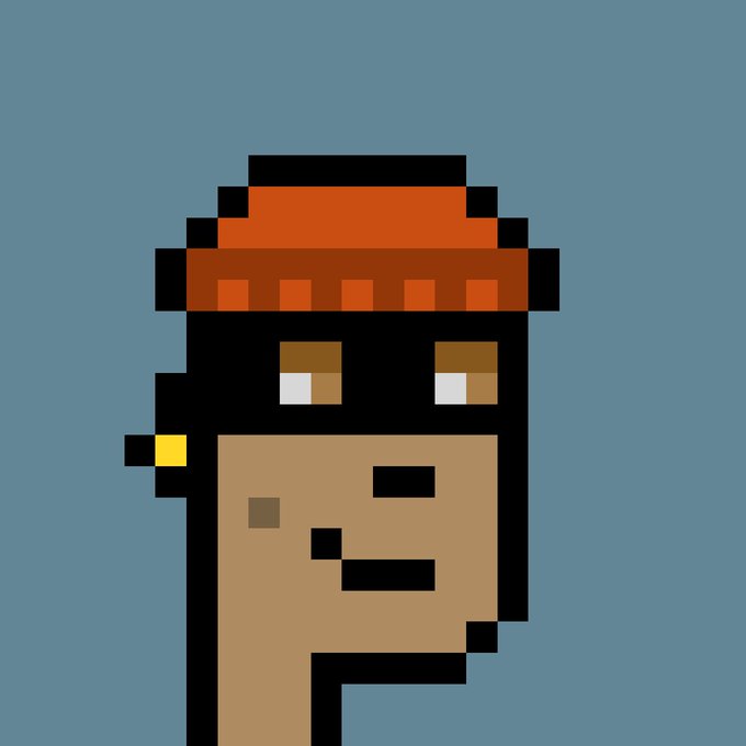 A pixel art portrait of a character with a red bandana and a gold hoop earring against a solid blue background.