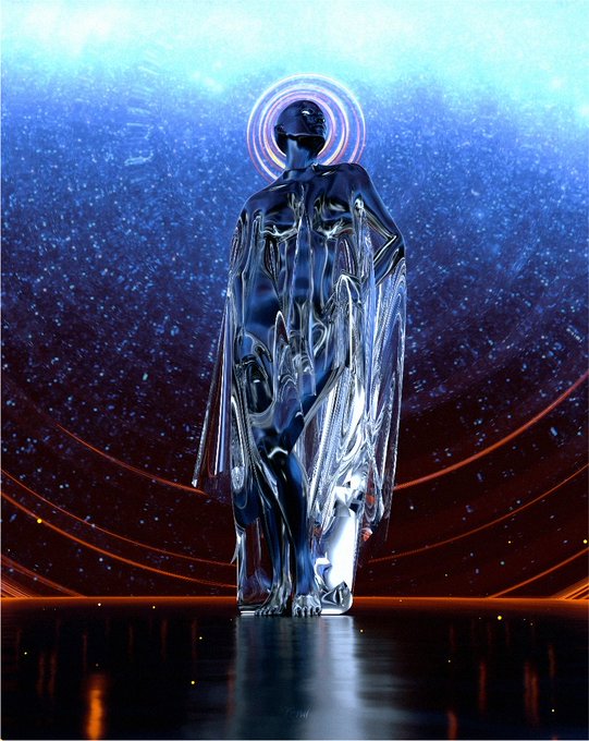 A futuristic chrome humanoid figure stands on a reflective surface against a cosmic blue and red background with a glowing halo behind its head.