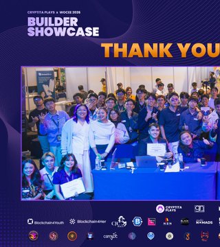 A 'THANK YOU' graphic for the 'BUILDER SHOWCASE' held in 'WOCEE 2026', featuring a group photo of smiling people gathered around a table, with 'CRYPTITA PLAYS' branding visible.