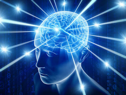 A digital illustration of a blue human head with a glowing brain emitting radiant blue light beams against a binary code background.