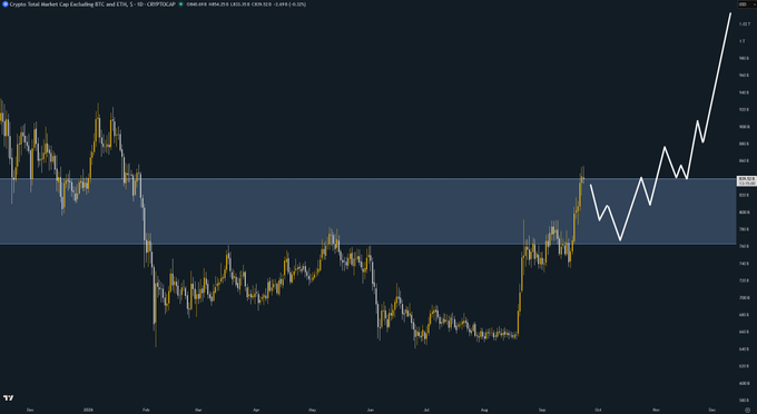 The image shows a cryptocurrency total market cap chart (excluding BTC and ETH) trading around $785 billion, with a highlighted support zone near the $763 billion level marked by a blue band. A white projected line illustrates the anticipated price path—pulling back into the support zone before rallying sharply toward the 3 trillion target, visually reinforcing the post's bullish outlook for altcoins.