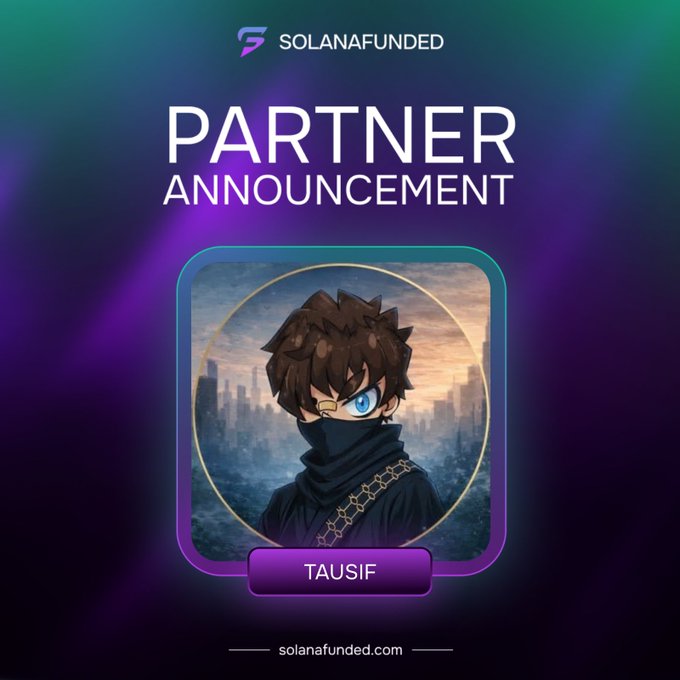 The image features a person wearing a black outfit with blue eyes gazing into the distance against a purple background. The caption below reads "I'm officially joined as an ambassador with @solanafunded in trading, capital matters but proven skill matters more." Below this, there is an image of another character dressed in a colorful outfit and having a red tongue sticking out.
