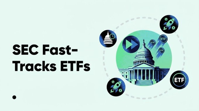 A graphic titled 'SEC Fast-Tracks ETFs' shows a capitol building surrounded by icons of rockets, play buttons, and 'ETF' labels.