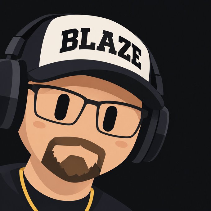 A cartoon avatar of a bearded man wearing glasses and a black cap with 'BLAZE' written in white letters, set against a black background.