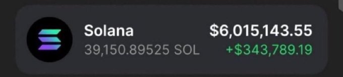 A digital wallet display shows a Solana (SOL) cryptocurrency balance of 39,150.89525 SOL, valued at $6,015,143.55, with a 24-hour gain of +$343,789.19 in green.