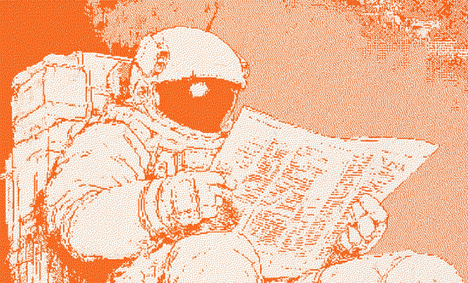 An orange-toned, pixelated retro illustration depicts an astronaut in a spacesuit reading a large sheet of paper.