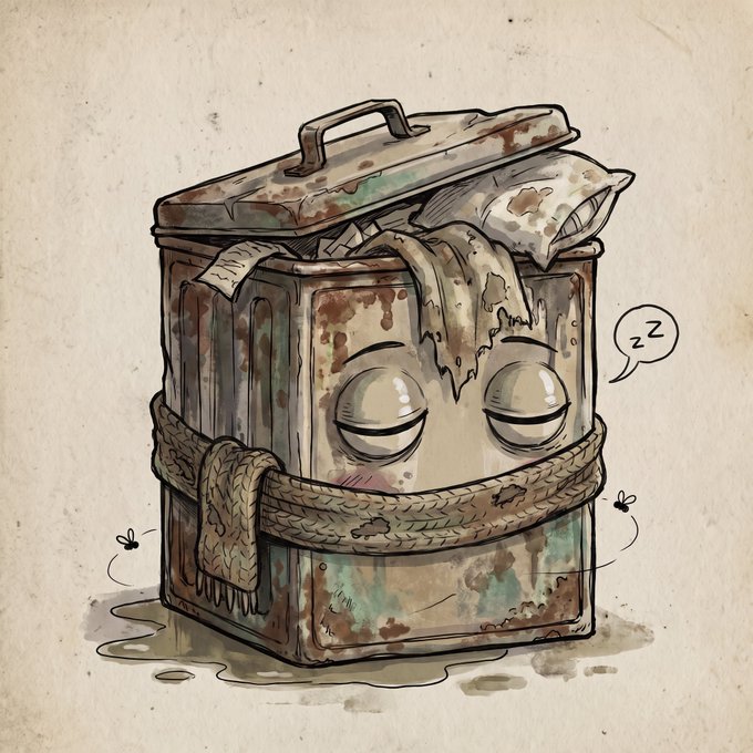 A whimsical, watercolor-style illustration of a rusty, rectangular tin can character with closed eyes, a sweater tied around it, and a speech bubble containing 'zzz' indicating it's sleeping.