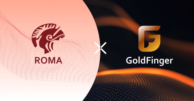 This image showcases a partnership between "ROMA" and "GoldFinger", visually representing the concept of staking and earning through the post's mention of $KARAT, $ART, and $GF.