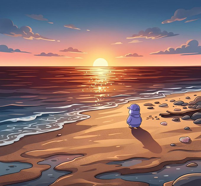 A stylized digital illustration of a small purple-hooded character sitting alone on a beach at sunset, watching the sun set over a shimmering ocean with scattered seashells and footprints in the sand.