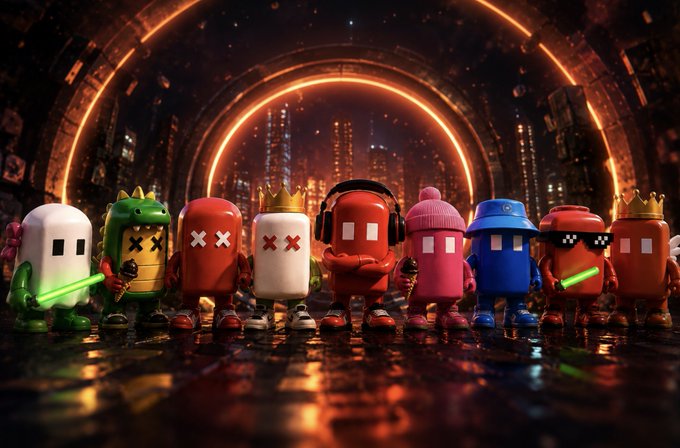 A stylized 3D render featuring a lineup of colorful, pill-shaped characters with various accessories (crowns, headphones, lightsabers) standing in a dark, futuristic tunnel illuminated by orange neon lights.