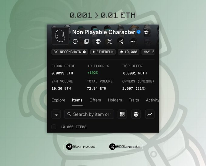 The image shows a chat window with a message displayed that says "Non Playable Character". It appears to be a discussion about characters or a character-related topic within an online community, possibly focusing on a game or gaming platform like Xeph. The window has a green background and includes several options for the user to consider such as searching for items by name, looking up information, buying things via cryptocurrency or ether, and displaying search results.