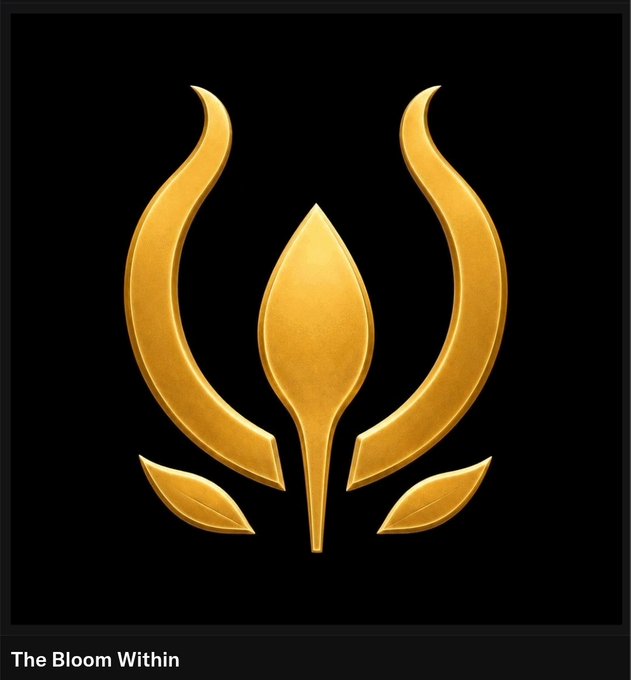 A golden logo featuring a central leaf shape flanked by two curved, wing-like elements and two smaller leaves at the bottom on a black background, with the text 'The Bloom Within' in the corner.