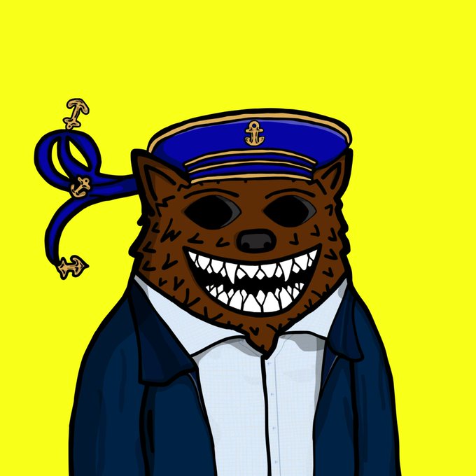 A cartoon illustration of a brown, anthropomorphic creature with sharp, jagged teeth wearing a blue sailor's hat and jacket against a bright yellow background. The nautical theme of the sailor's outfit matches the "sailor" description in the caption, depicting the mascot character $FUZZY being "scooped" as a new acquisition.