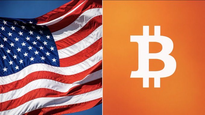 A split image showing a waving American flag on the left and an orange Bitcoin logo on the right.
