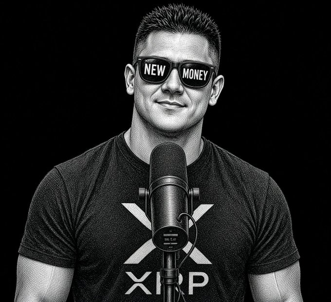 A stylized black and white illustration of a man wearing sunglasses that read 'NEW MONEY' across the lenses, standing behind a microphone in an XRP-branded t-shirt.