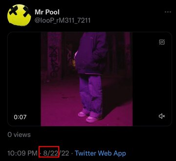 The image shows a Twitter/X post from user "Mr Pool" (@looP_rM31L_7211) featuring a 7-second video of a person wearing a purple hoodie and pants illuminated in purple light, posted at 10:09 PM on 8/22 via Twitter Web App. The "Purple XRP" caption refers to the dominant purple coloring in the video, likely symbolizing XRP cryptocurrency or a stylized representation of it.