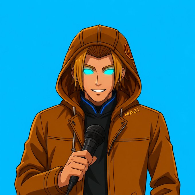 An anime-style illustration of a smiling blond character with glowing cyan eyes wearing a brown hooded jacket with 'MAZI' written on it, holding a black microphone against a bright blue background.