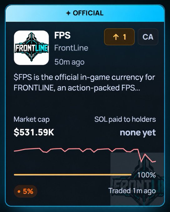 A screenshot of a ClashPadFun token card for “FPS” by FrontLine, labeled “OFFICIAL” and “CA,” showing a $531.59K market cap, a 100% progress bar, and a 5% badge. The post highlights that Season 2 of FRONTLINE is launching on ClashPadFun.