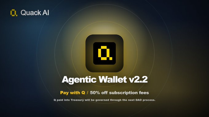 The promotional image announces "Quack AI's Agentic Wallet v2.2," highlighting a new feature that allows users to "Pay with Q" to receive 50% off subscription fees, with collected Q tokens entering the Q402 Treasury for future DAO governance. The graphic features a large yellow "Q" logo on a dark background, visually representing the integration of Q token utility into the multichain subscription ecosystem mentioned in the post.