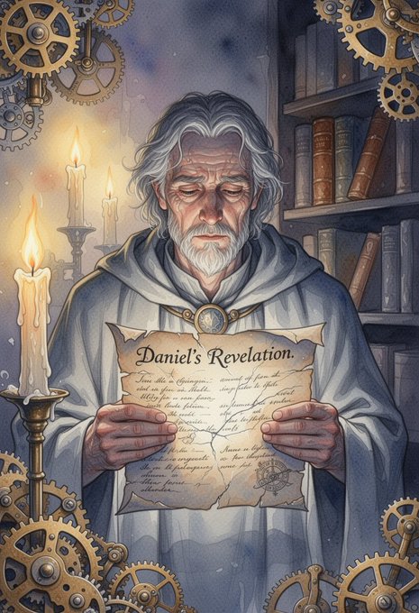 An elderly, white-bearded man in a hooded robe stands in a candlelit library, reading an aged parchment titled "Daniel's Revelation," surrounded by intricate gears that give the scene a steampunk atmosphere. The artwork visually echoes the post's theme by depicting a moment of prophetic study, fitting the title's reference to biblical revelation.