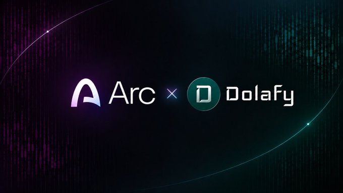 The image is a promotional graphic featuring the Arc logo and Dolafy logo side-by-side with a multiplication "x" between them, set against a dark background with purple and teal digital code-like patterns, illustrating the partnership between the two companies for fast money transfers.