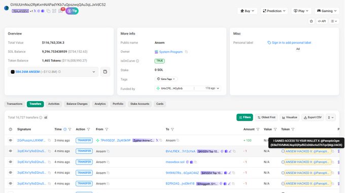 A Solscan page showing the wallet "GV6UUm8wZRjge…mAPadYKb7uDtsze…vVi9C52" belonging to public name "Ansem" with a total balance of $118,763,334.3, displaying numerous recent transactions labeled "Gained Access to your wallet" and "@Ansem Hacked" that sent out ANSEM tokens—visually confirming the post's claim that someone has compromised Ansem's wallet and is draining his tokens.