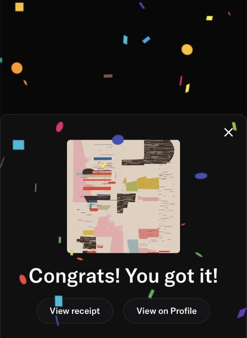 A celebratory pop-up displays "Congrats! You got it!" with a colorful abstract NFT artwork featuring geometric shapes in pink, blue, yellow, and red, alongside buttons to "View receipt" or "View on Profile." Confetti fills the dark background, indicating the user has successfully purchased a piece from the "After Order" collection by @StudioCaptain1, as referenced in the accompanying post linking to the OpenSea collection.