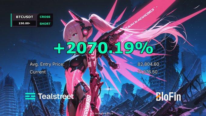 The image shows a girl with long blonde hair, dressed as a robot or cyborg, standing against a backdrop of buildings and city lights. The text at the bottom of the image reads "ahh fully closing this $BTC swing short". This suggests that the girl is in the process of closing her account on Bitcoin Cash.