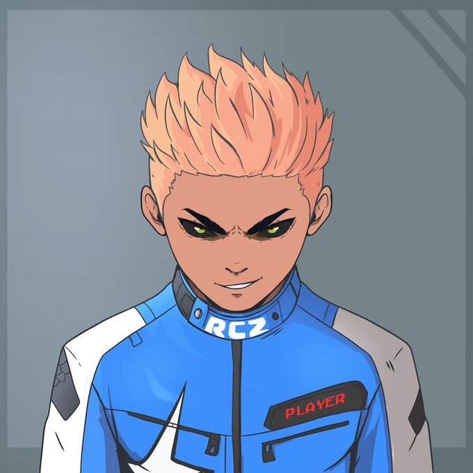 An anime-style illustration of a character with spiky orange hair, green eyes, and a confident smirk wearing a blue and white jacket labeled 'RCZ' and 'PLAYER'.