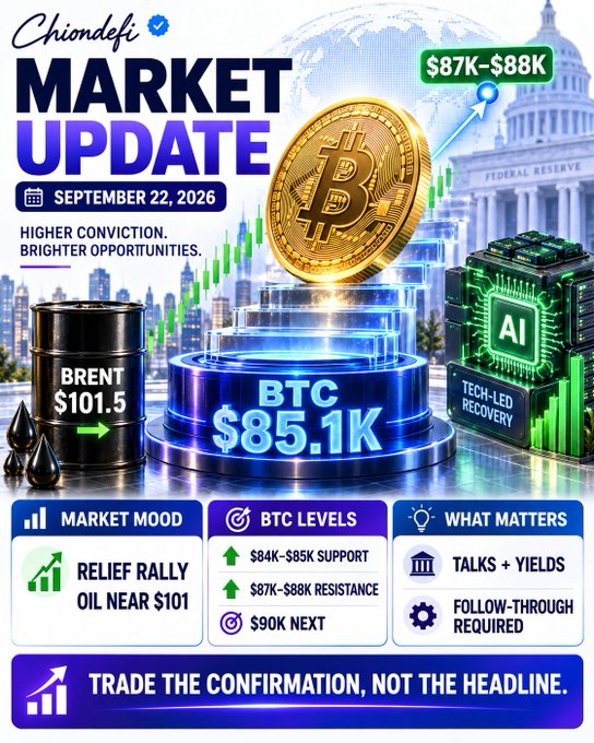 A 'Chiondefi MARKET UPDATE' dated 'SEPTEMBER 22, 2026' shows 'BTC $85.1K', '$87K-$88K' target, 'BRENT $101.5', and mentions 'TECH-LED RECOVERY' with 'AI' imagery.