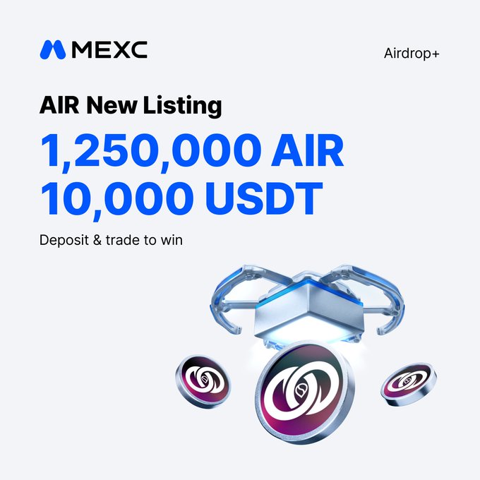 MEXC Airdrop+ promotional image announcing a new $AIR listing with 1,250,000 AIR and 10,000 USDT in rewards for depositing and trading, matching the campaign details in the accompanying post.