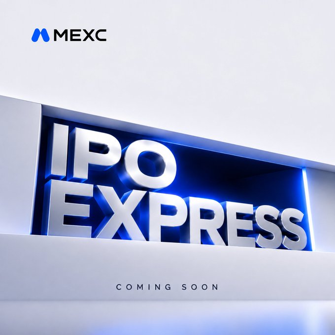 A promotional graphic features the MEXC logo alongside 3D metallic text reading "IPO EXPRESS" with a glowing blue backdrop, accompanied by "COMING SOON" beneath it, visually teasing the streamlined IPO experience mentioned in the caption.