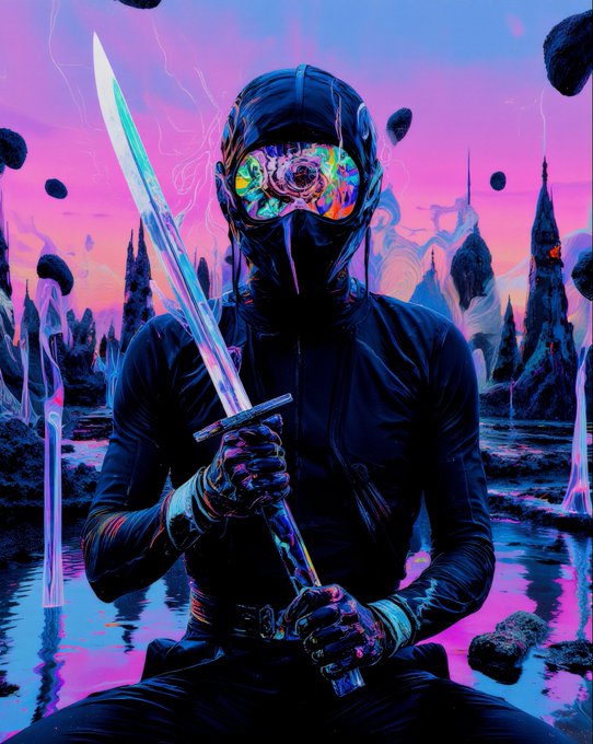 A vibrant digital illustration of a figure in a black suit and helmet with iridescent goggles, holding a glowing sword against a surreal pink and purple landscape.