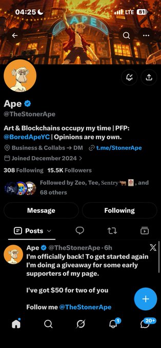 A screenshot of a Twitter/X profile for "Ape" (@TheStonerApe) showing 15.5K followers, with a recent post announcing a giveaway of $50 to early supporters.