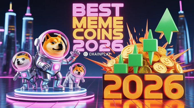 A vibrant promotional image for 'Best Meme Coins 2026' by Chainplay features Shiba Inu dogs dressed as astronauts, gold coins, green upward arrows, and neon skyscrapers in the background.