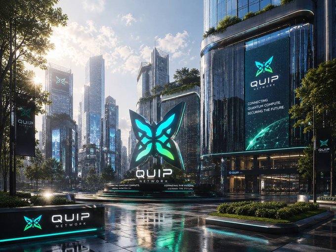 A futuristic cityscape advertisement features the "QUIP NETWORK" logo with a butterfly/atom symbol and the tagline "CONNECTING QUANTUM COMPUTE, SECURING THE FUTURE."