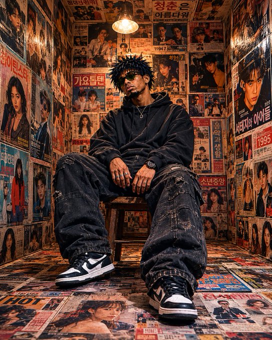The image features a man sitting on a stool, wearing black pants and a hoodie with sunglasses. The room behind him has many posters hanging on the wall, including one that says "gm to everyone Another beautiful to make motion. Do you have any alpha today?". The man is also wearing white sneakers in the foreground of the photo.