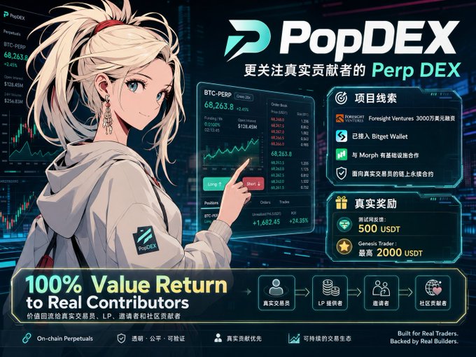 Promotional banner for 'PopDEX', a perpetual DEX platform, featuring an anime-style character pointing at a trading interface with text '100% Value Return to Real Contributors' and Chinese text about real rewards.