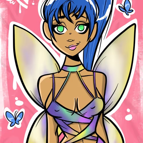 A digital illustration of a blue-haired fairy with green eyes, iridescent wings, and a shimmering purple outfit against a pink background with butterflies, matching the "Fairy Vixen" NFT referenced in the post celebrating its recent sale.