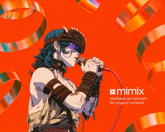 An anime-style illustration shows a blue-haired character in spiked leather gear singing intensely into a microphone against a vibrant orange background with metallic streamers, while the "mimix" logo and tagline "Verifiable ad network for organic content" appear on the right—fitting the post's celebration of a first clipping collaboration with @mimix_xyz on Base.