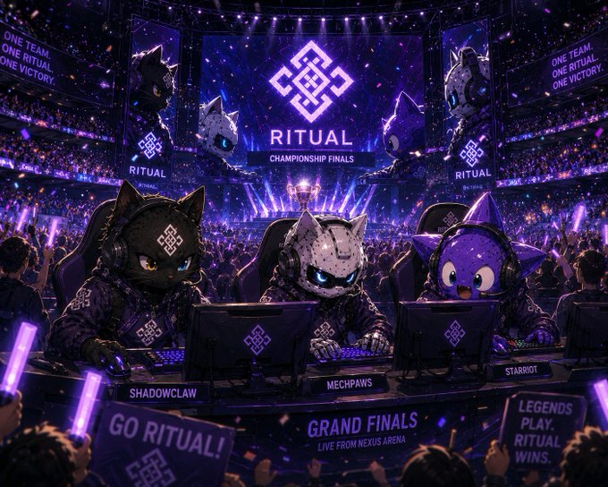 An esports championship arena featuring anthropomorphic cat characters (Shadowclaw, Mechpaws, Starriot) competing at the 'RITUAL Championship Finals' with 'ONE TEAM. ONE RITUAL. ONE VICTORY' displayed on screens, while fans hold signs reading 'GO RITUAL!', 'LEGENDS PLAY. RITUAL WINS.'