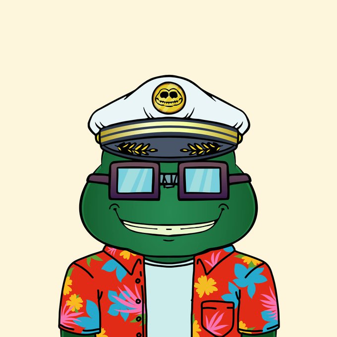 A cartoon frog character with a wide smile wears a white captain's hat featuring a gold smiley face emblem, black square sunglasses, and a vibrant red Hawaiian floral shirt over a light blue undershirt, fitting the "froglings" theme mentioned in the post.